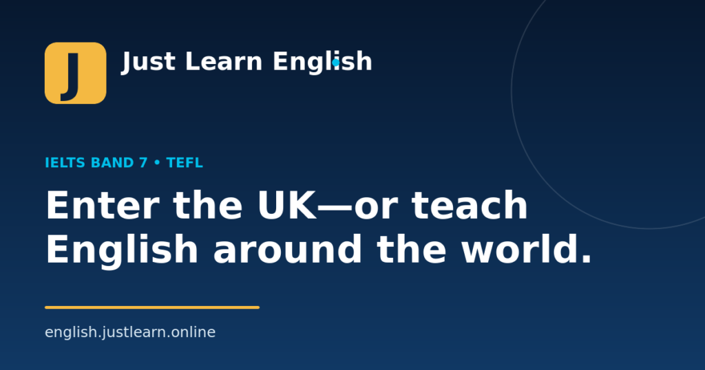 Just Learn English brand graphic for IELTS preparation and TEFL teaching pathways